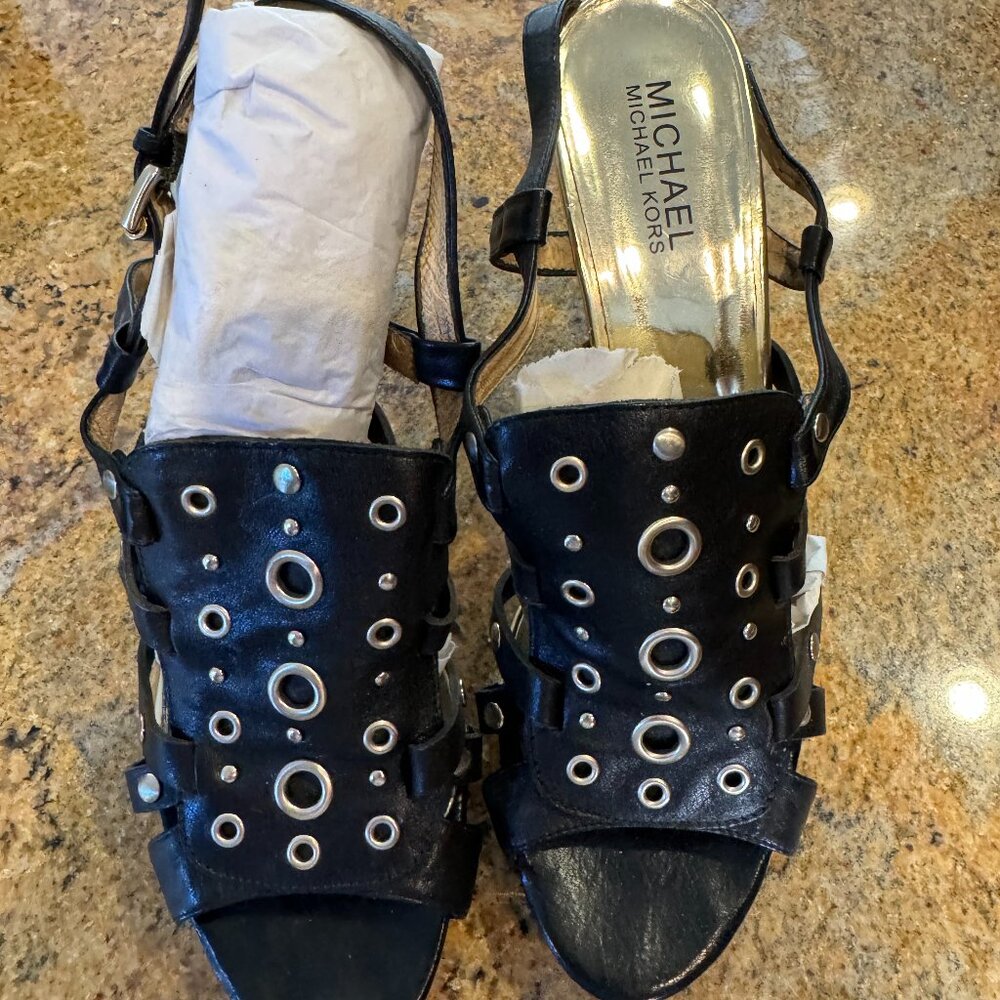 Michael Kors Black Leather Grommet Cork Platform Stiletto Strappy Heels